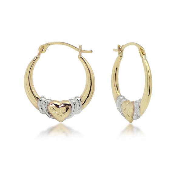 14K Bi-color Diamond Cut Hoop with Heart Earrings