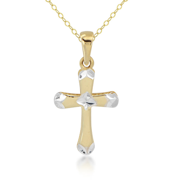 14K Bi-color Gold Polished and Diamond Cut Cross Necklace