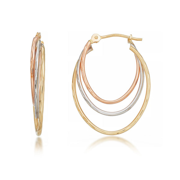 14K Tri-color Gold Diamond Cut Hoop Earrings