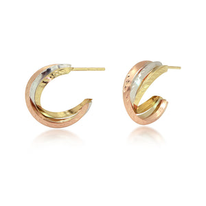 14K Tri-color Gold Diamond Cut Bypass C Hoop Earrings