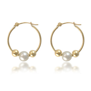 14K Yellow Gold Hoops with Gold Ball & Pearl Beads