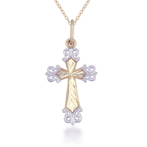 14K Bi-color Gold Textured Petite Cross Necklace