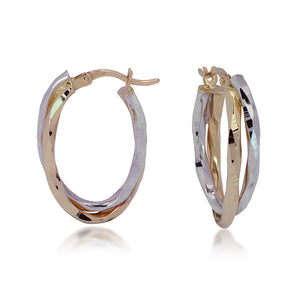 14K Yellow & White Gold Twisted Oval Nested Hoop Earrings