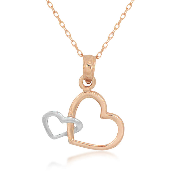 14K Bi-color Gold Double Open Heart Necklace