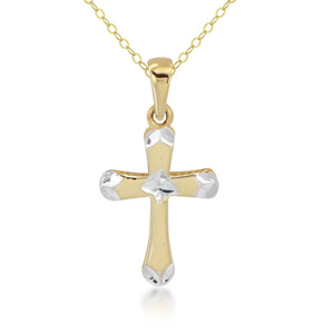 14K Bi-color Gold Polished and Diamond Cut Cross Necklace
