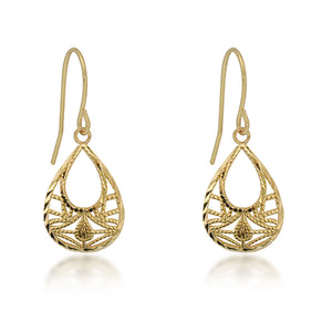 14K Yellow Gold Diamond Cut Filigree Teardrop Dangle Earrings