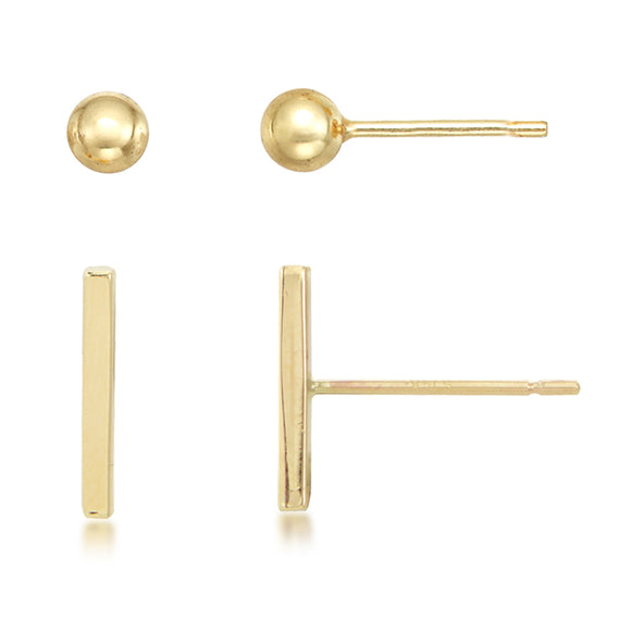 14K Yellow Gold Earring Set - Ball & Bar Studs