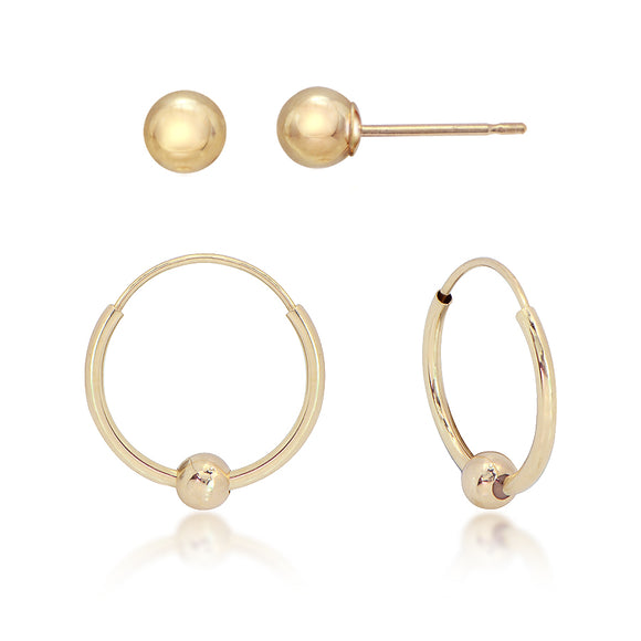 14K Yellow Gold Hoop with Bead and Ball Stud Earring Set