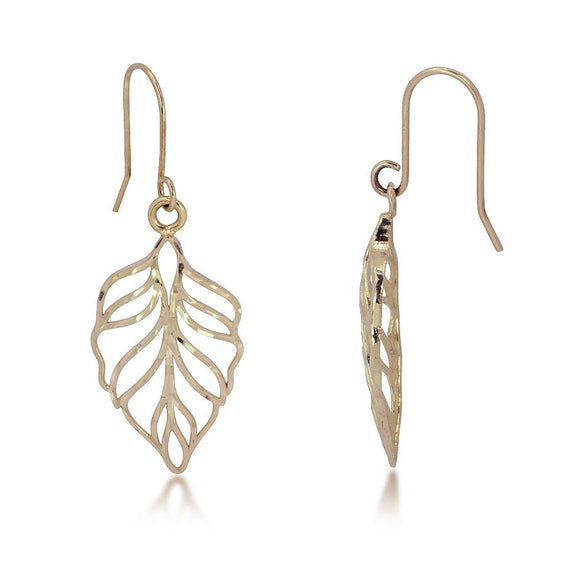 14K Yellow Gold Diamond Cut Leaf Dangle Earrings