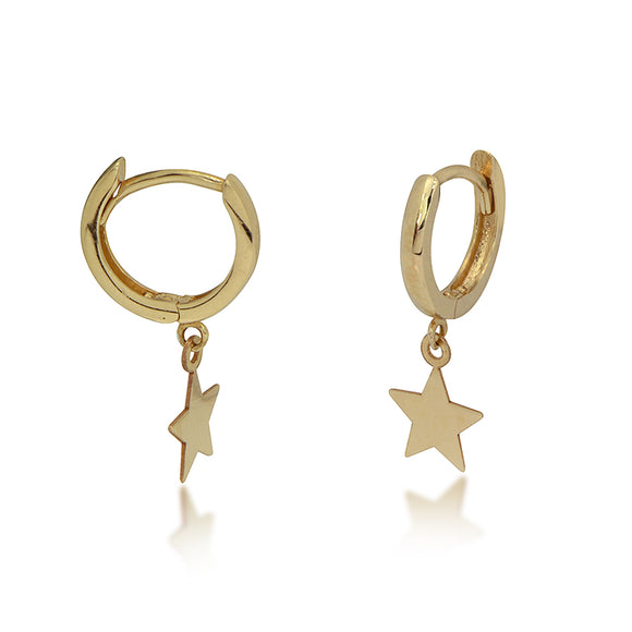 14K Yellow Gold 10mm Polished Huggie Hoop Earrings With Star Charm Dangle