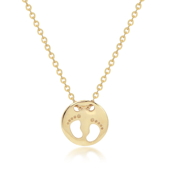 14K Yellow Gold Polished Baby Feet Disc Necklace