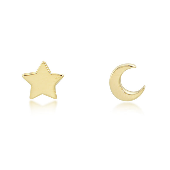 14K Yellow Gold Mismatched Star & Moon Stud Earrings