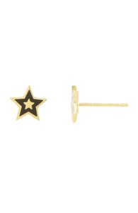 14K Yellow Gold Black Enamel Star Stud Earrings