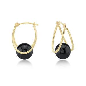 14K Yellow Gold Oval Captured Black Onyx Pearl Hoop Earrings