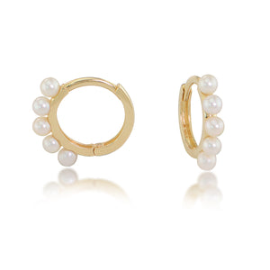 14K Yellow Gold Huggie Hoop with Pearls Earrings
