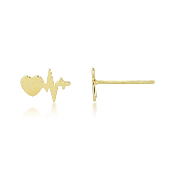 14K Yellow Gold Heart +  Heartbeat Stud Earrings