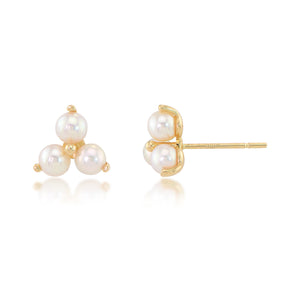 14K Yellow Gold Triple Pearl Stud Earrings