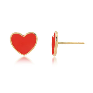 14K Yellow Gold Red Enamel Heart Stud Earrings