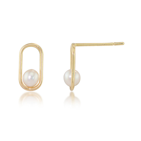 14K Yellow Gold Paperclip with Pearl Stud Earrings