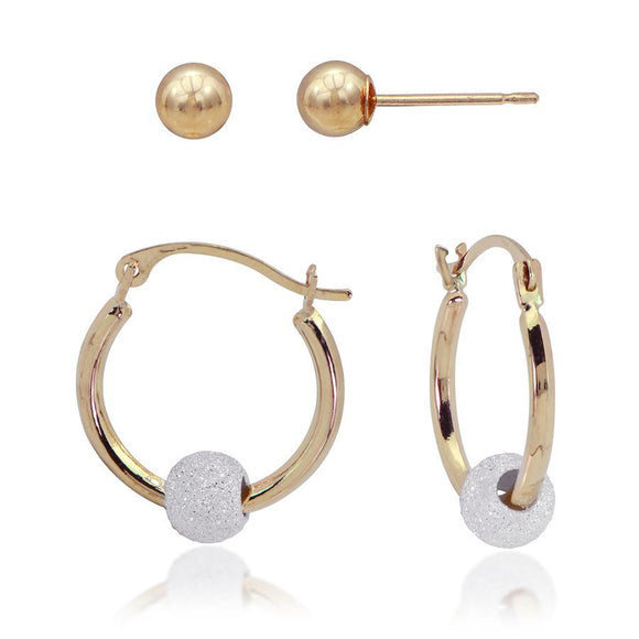 14K Yellow Gold Earrings Set - 4mm Ball Stud & Hoop with SS Bead