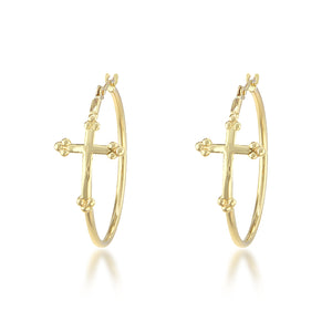 14K Yellow Gold Cross Hoop Earrings