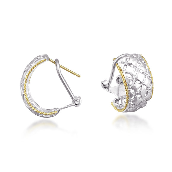 Sterling Silver and 14K Quilted Patterned J-hoop Earrings