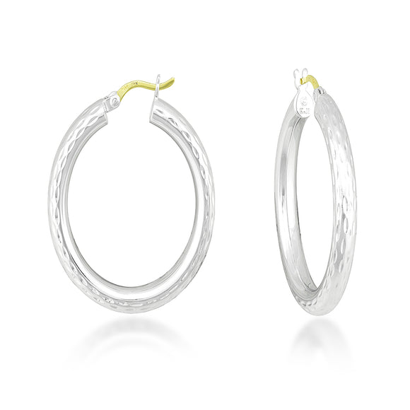 Sterling Silver Diamond Cut Oval Hoop Earrings with 14K Findings